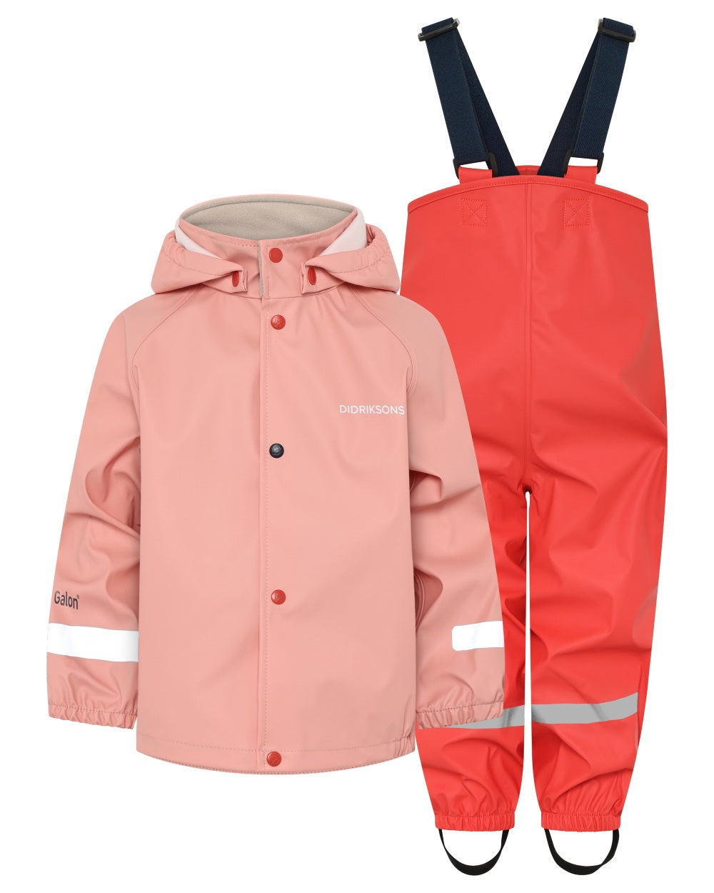 Powder Peach coloured Didriksons Childrens Slaskeman Rain Set 2 on white background 