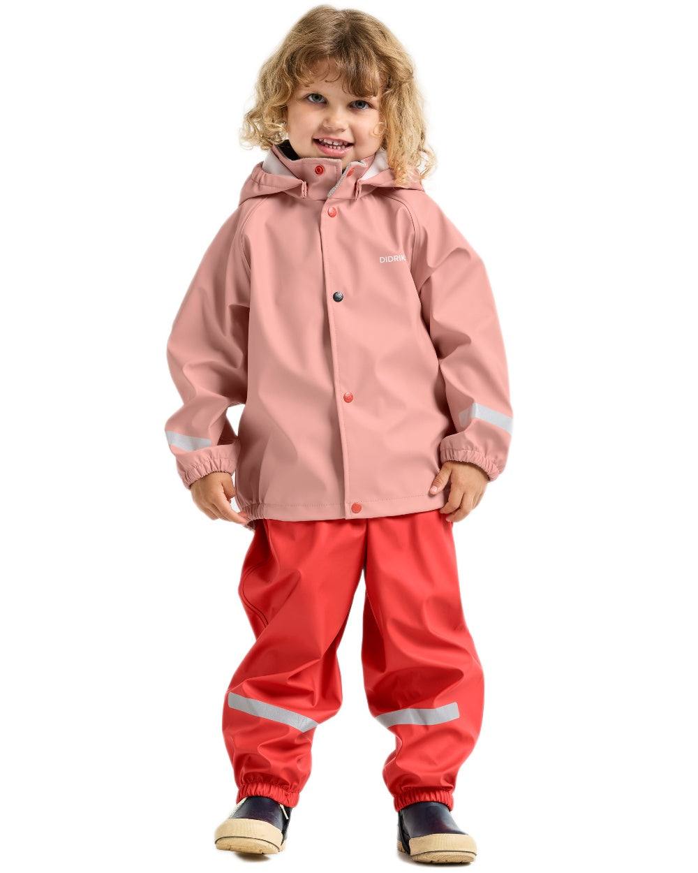 Powder Peach coloured Didriksons Childrens Slaskeman Rain Set 2 on white background 