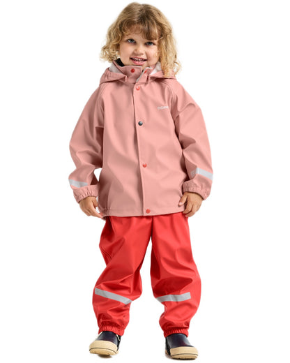 Powder Peach coloured Didriksons Childrens Slaskeman Rain Set 2 on white background 