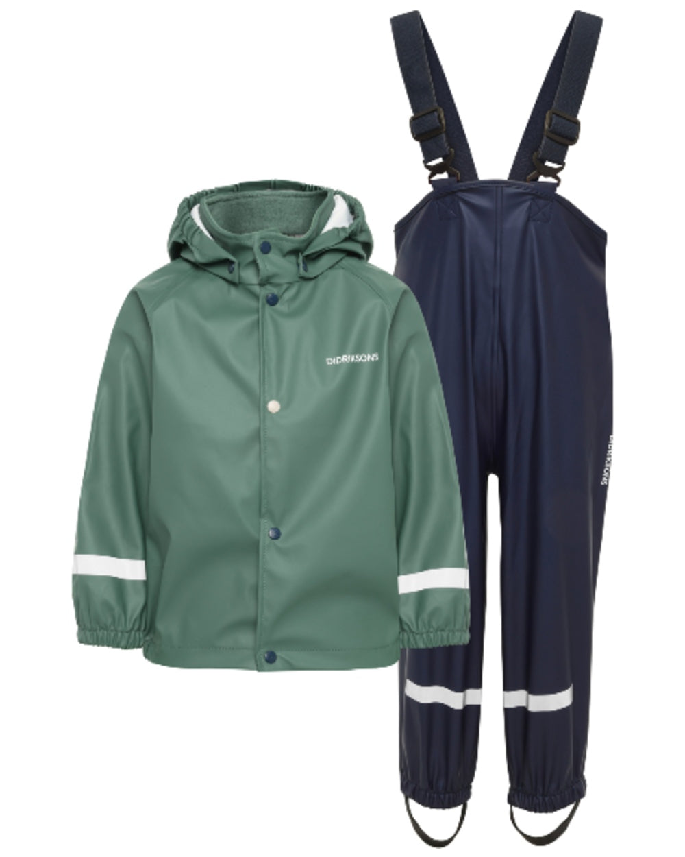 Dark Moss coloured Didriksons Childrens Slaskeman Rain Set 4 on white background 