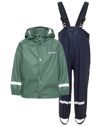 Dark Moss coloured Didriksons Childrens Slaskeman Rain Set 4 on white background 
