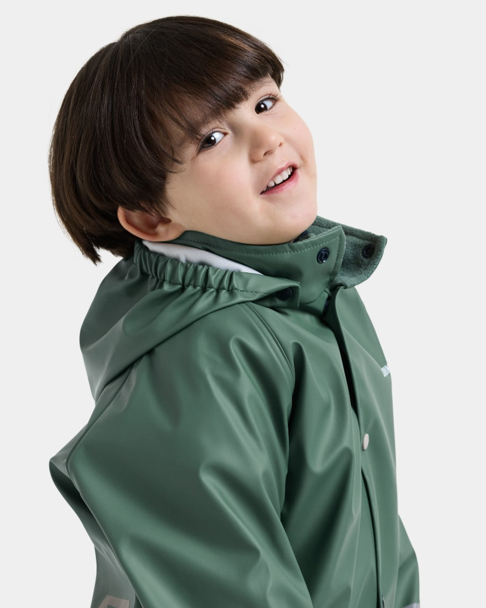 Dark Moss coloured Didriksons Childrens Slaskeman Rain Set 4 on grey background 