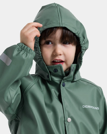 Dark Moss coloured Didriksons Childrens Slaskeman Rain Set 4 on grey background 