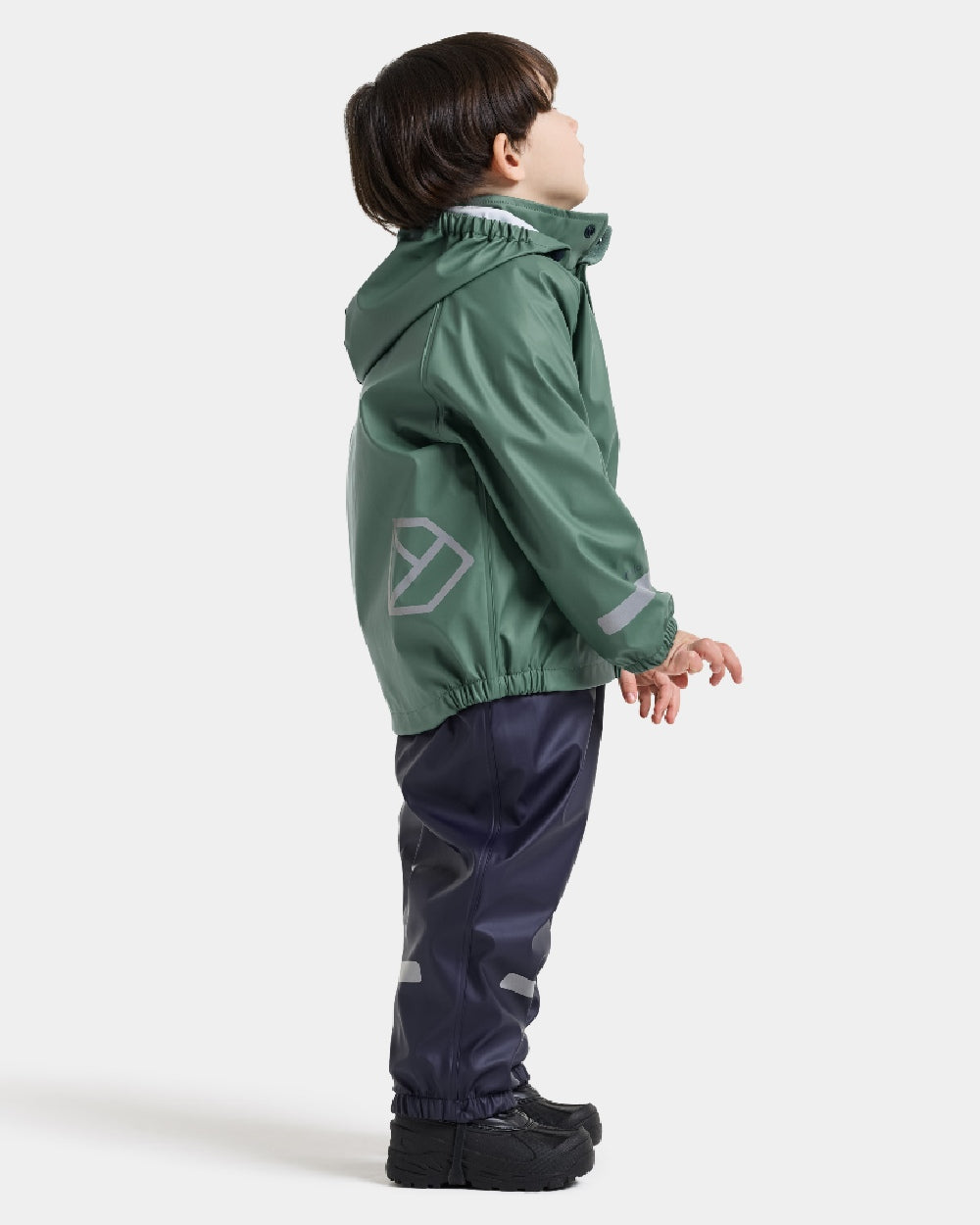 Dark Moss coloured Didriksons Childrens Slaskeman Rain Set 4 on grey background 