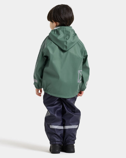 Dark Moss coloured Didriksons Childrens Slaskeman Rain Set 4 on grey background 