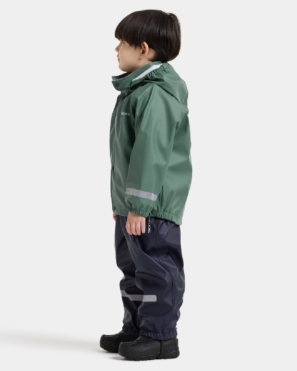 Dark Moss coloured Didriksons Childrens Slaskeman Rain Set 4 on grey background 