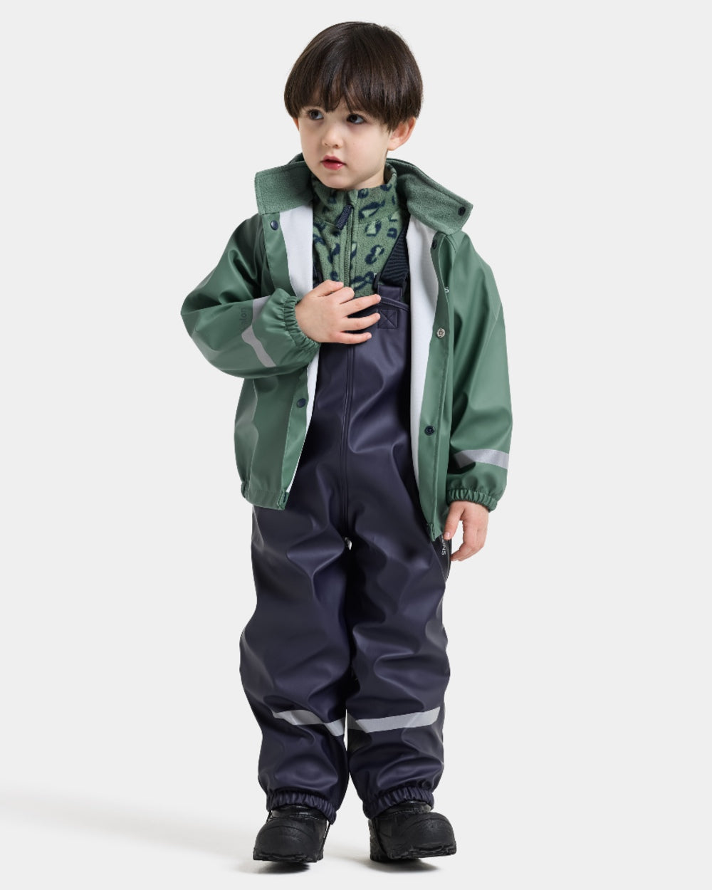 Dark Moss coloured Didriksons Childrens Slaskeman Rain Set 4 on grey background 