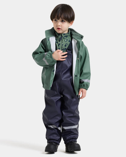 Dark Moss coloured Didriksons Childrens Slaskeman Rain Set 4 on grey background 