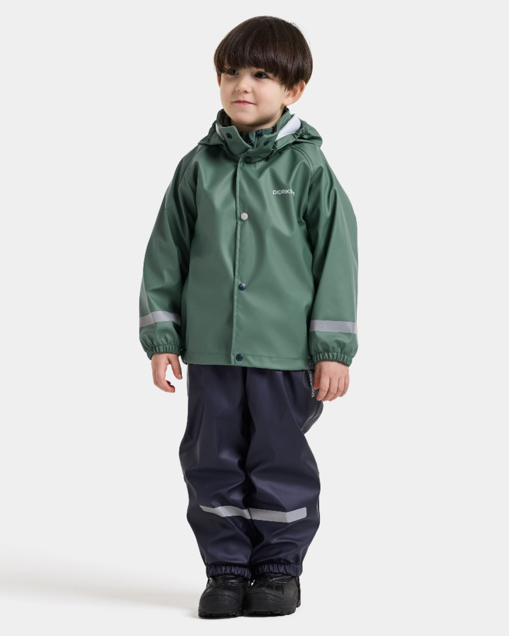 Dark Moss coloured Didriksons Childrens Slaskeman Rain Set 4 on grey background 
