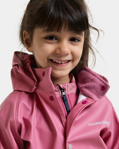 Heather Pink coloured Didriksons Childrens Slaskeman Rain Set 4 on white background 