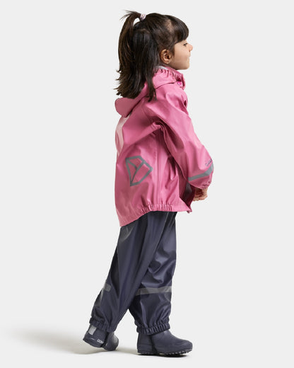 Heather Pink coloured Didriksons Childrens Slaskeman Rain Set 4 on white background 