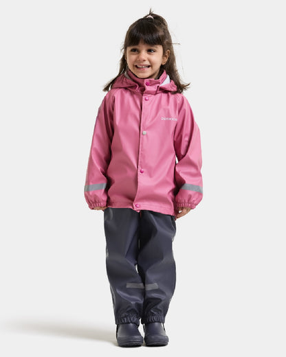 Heather Pink coloured Didriksons Childrens Slaskeman Rain Set 4 on grey background 