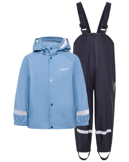 Winter Blue coloured Didriksons Childrens Slaskeman Rain Set 4 on white background 