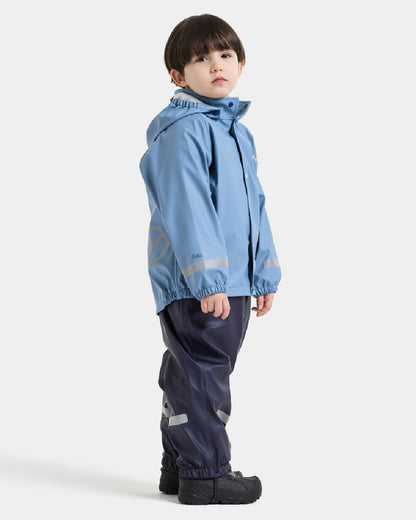 Winter Blue coloured Didriksons Childrens Slaskeman Rain Set 4 on white background 