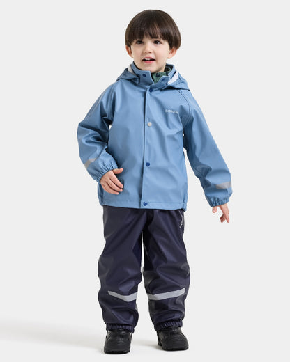 Winter Blue coloured Didriksons Childrens Slaskeman Rain Set 4 on grey background 