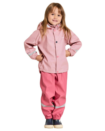 Soft Pink coloured Didriksons Childrens Slaskeman Rain Set Clearance on white background 