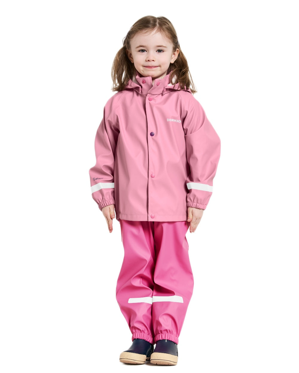 Light Heather Pink coloured Didriksons Childrens Slaskeman Rain Set on white background 