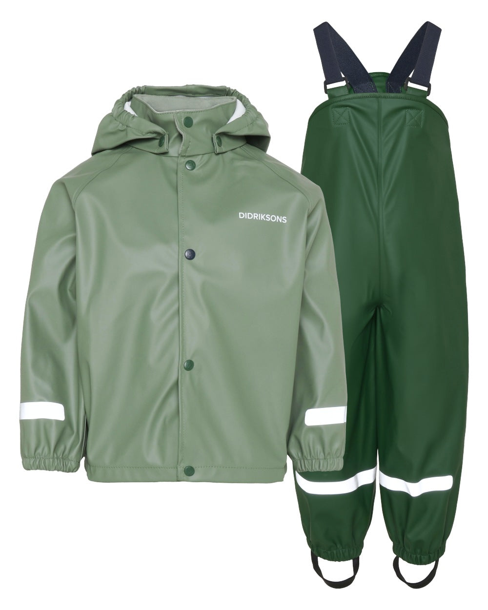 Light Moss coloured Didriksons Childrens Slaskeman Rain Set on white background 