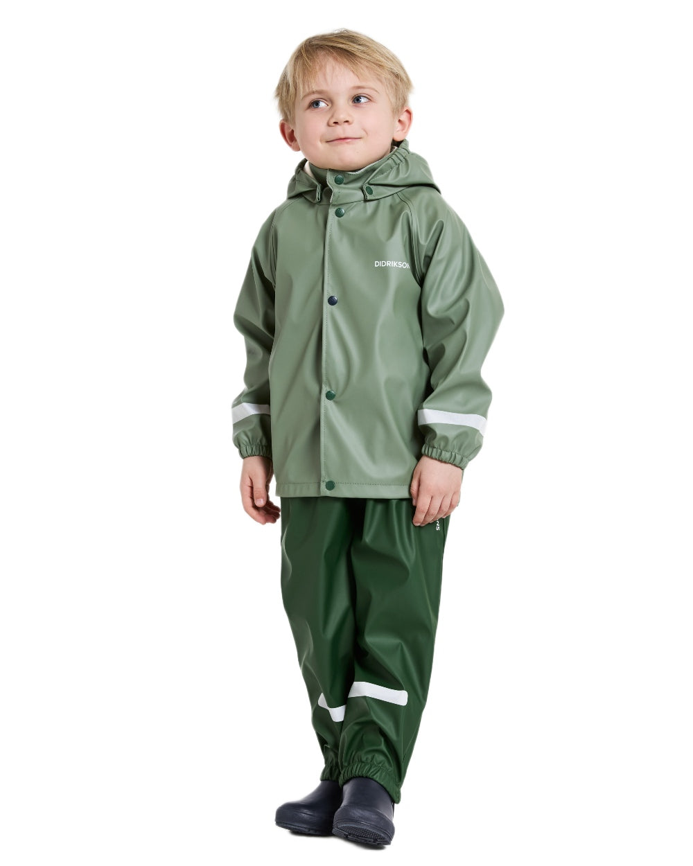 Light Moss coloured Didriksons Childrens Slaskeman Rain Set on white background 