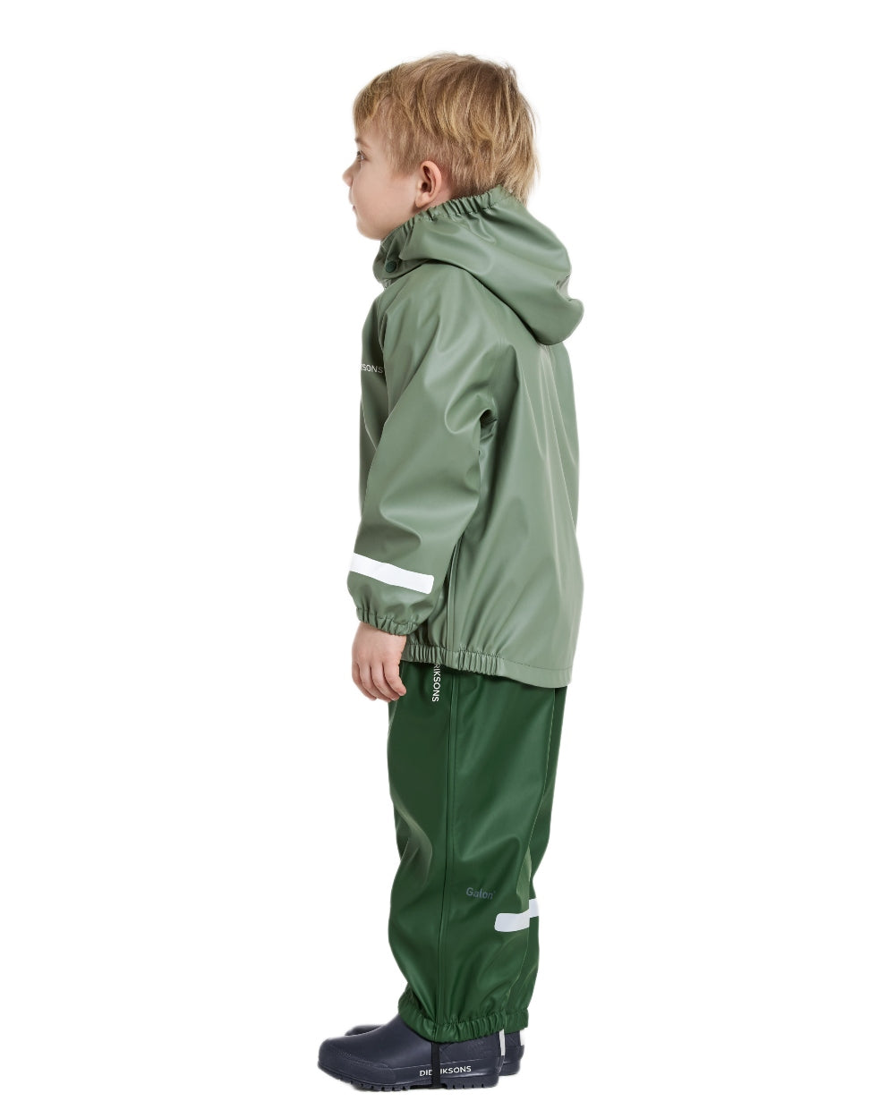Light Moss coloured Didriksons Childrens Slaskeman Rain Set on white background 