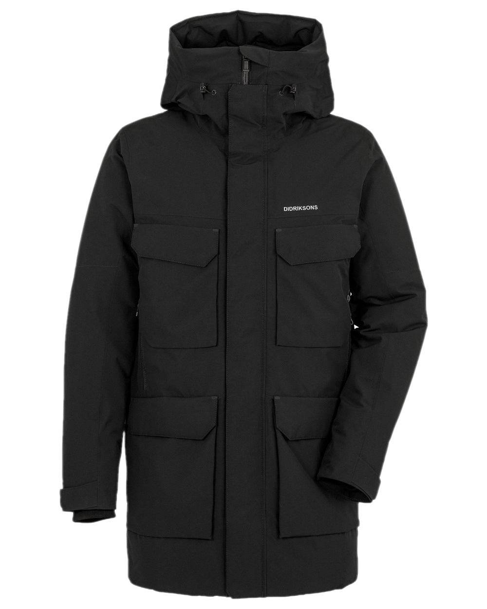 Black Coloured Didriksons Drew Parka on white background 