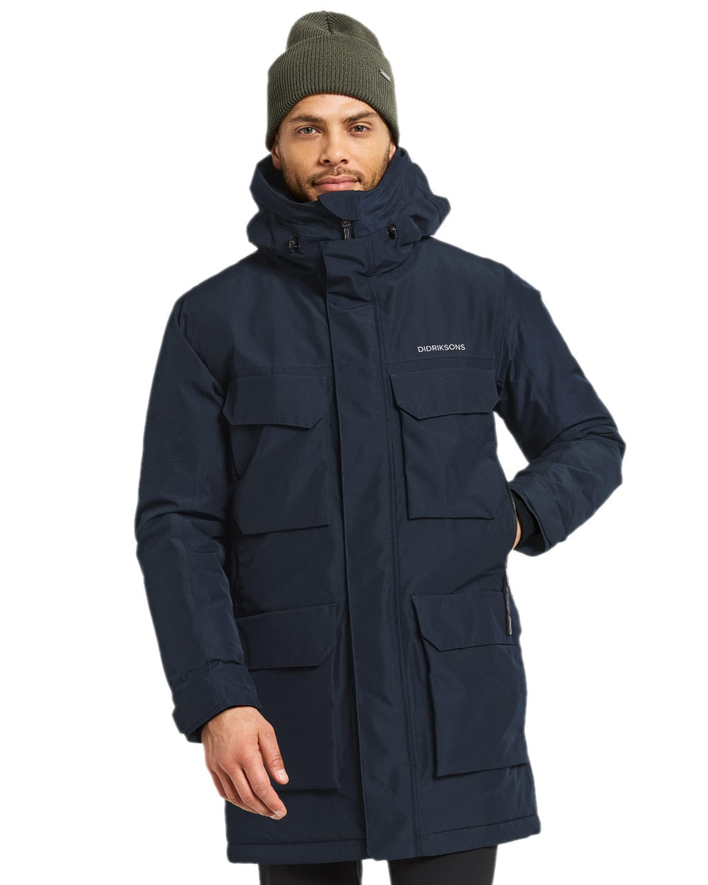 Dark Night Blue Coloured Didriksons Drew Parka on white background 