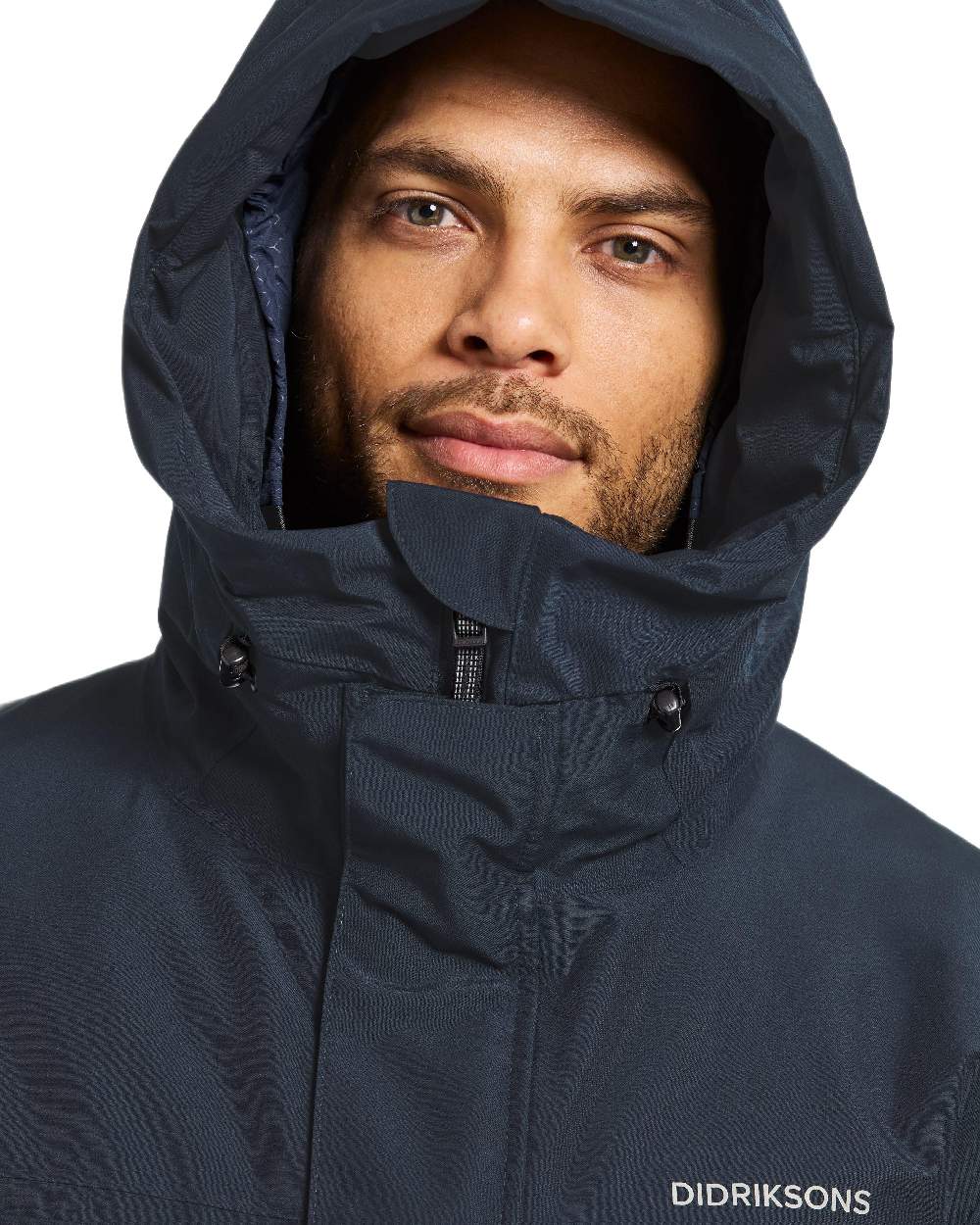 Dark Night Blue Coloured Didriksons Drew Parka on white background 