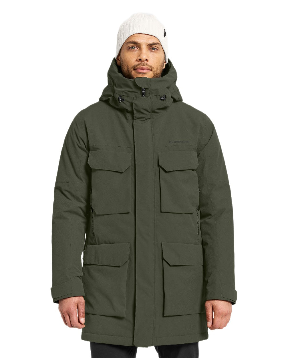 Deep Green Coloured Didriksons Drew Parka on white background 