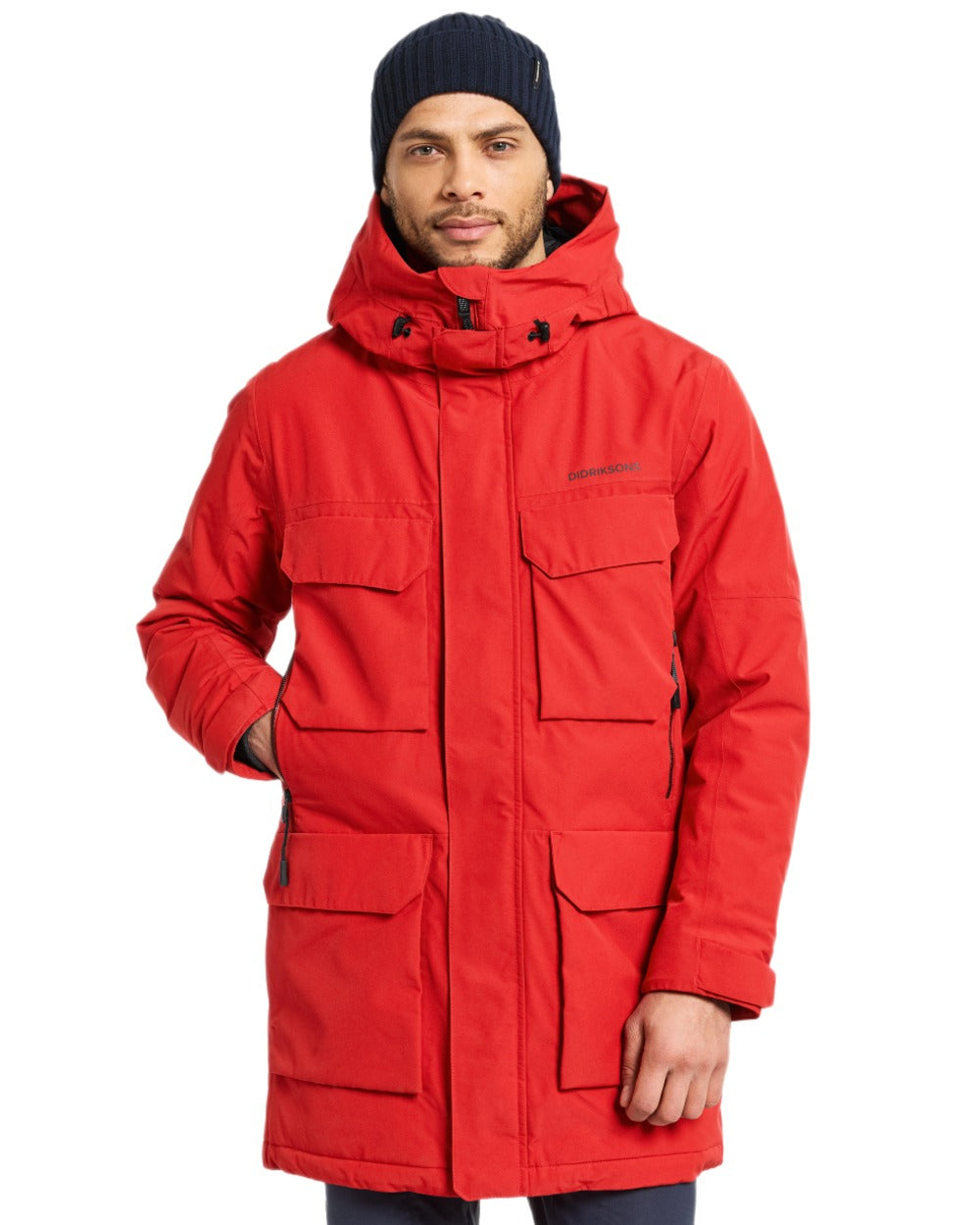 Pomme Red Coloured Didriksons Drew Parka on white background 