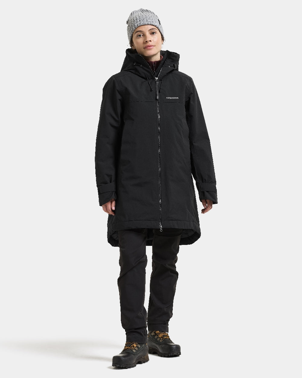 Black coloured Didriksons Eris Womens Parka on white background 