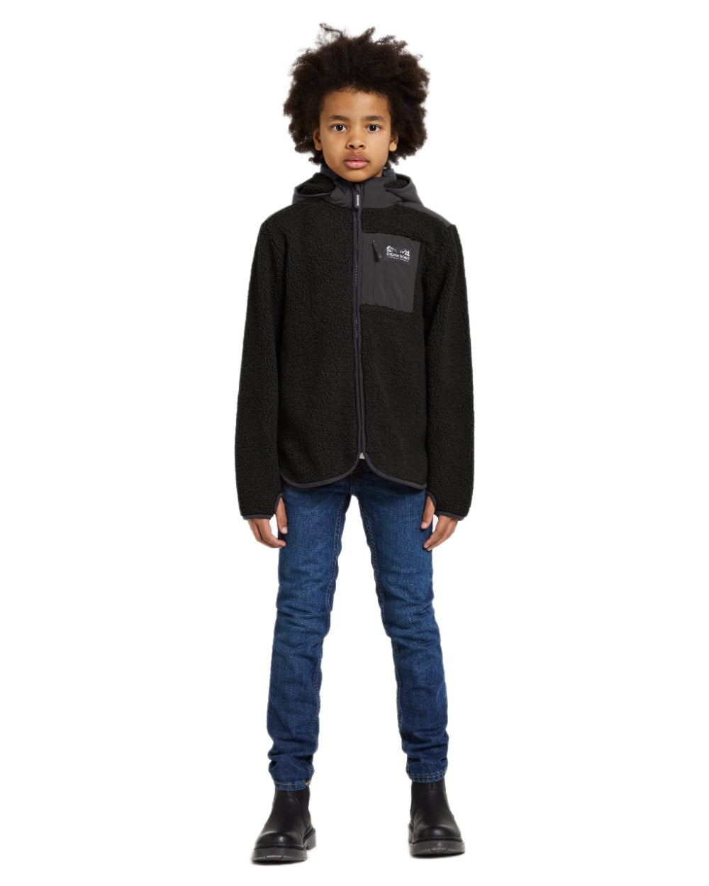 Black coloured Didriksons Exa Childrens Full Zip Fleece Jacket on white background 