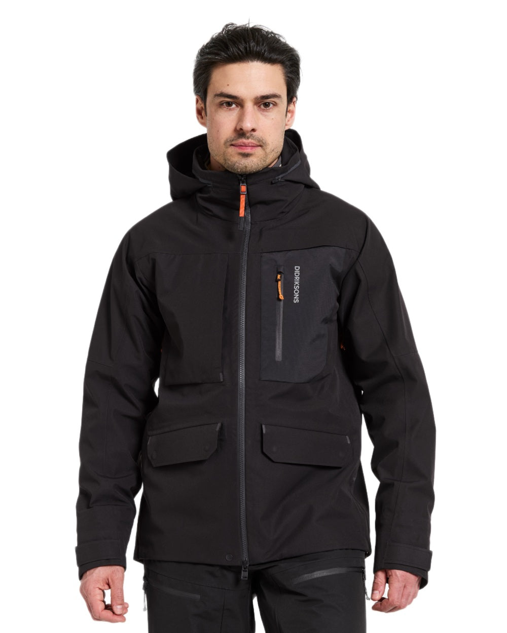 Black coloured Didriksons Fractus Waterproof Jacket on white background 