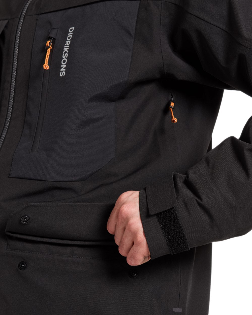 Black coloured Didriksons Fractus Waterproof Jacket on white background 