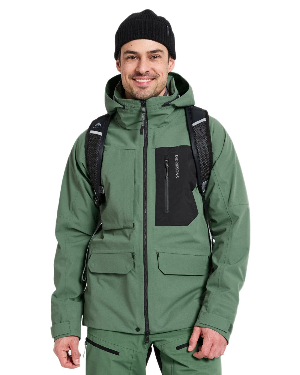 Dark Moss coloured Didriksons Fractus Waterproof Jacket on white background 