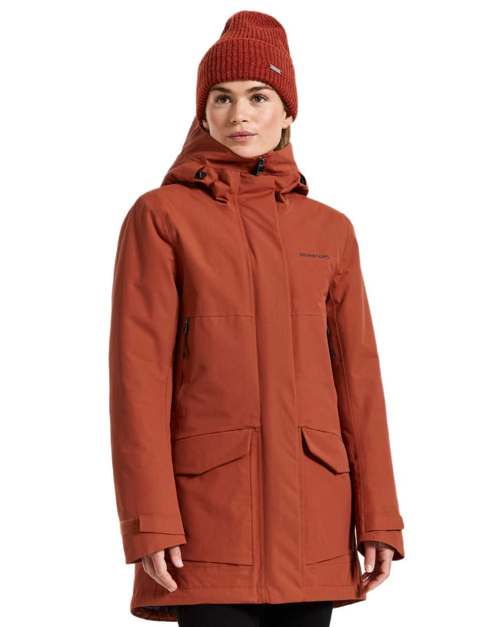 Rust coloured Didriksons Frida Womens Parka 7 on white background 