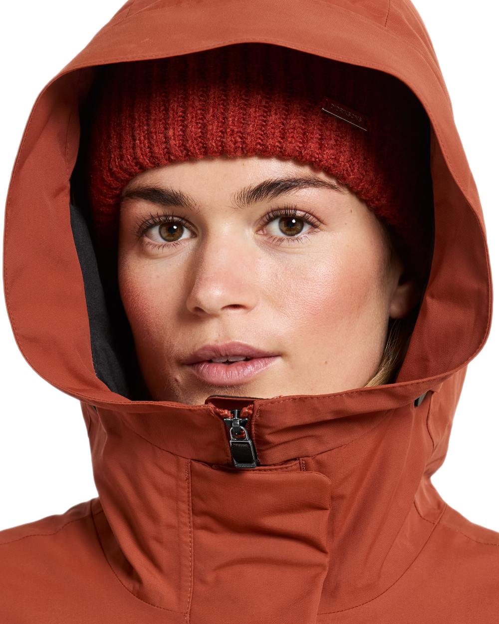 Rust coloured Didriksons Frida Womens Parka 7 on white background 