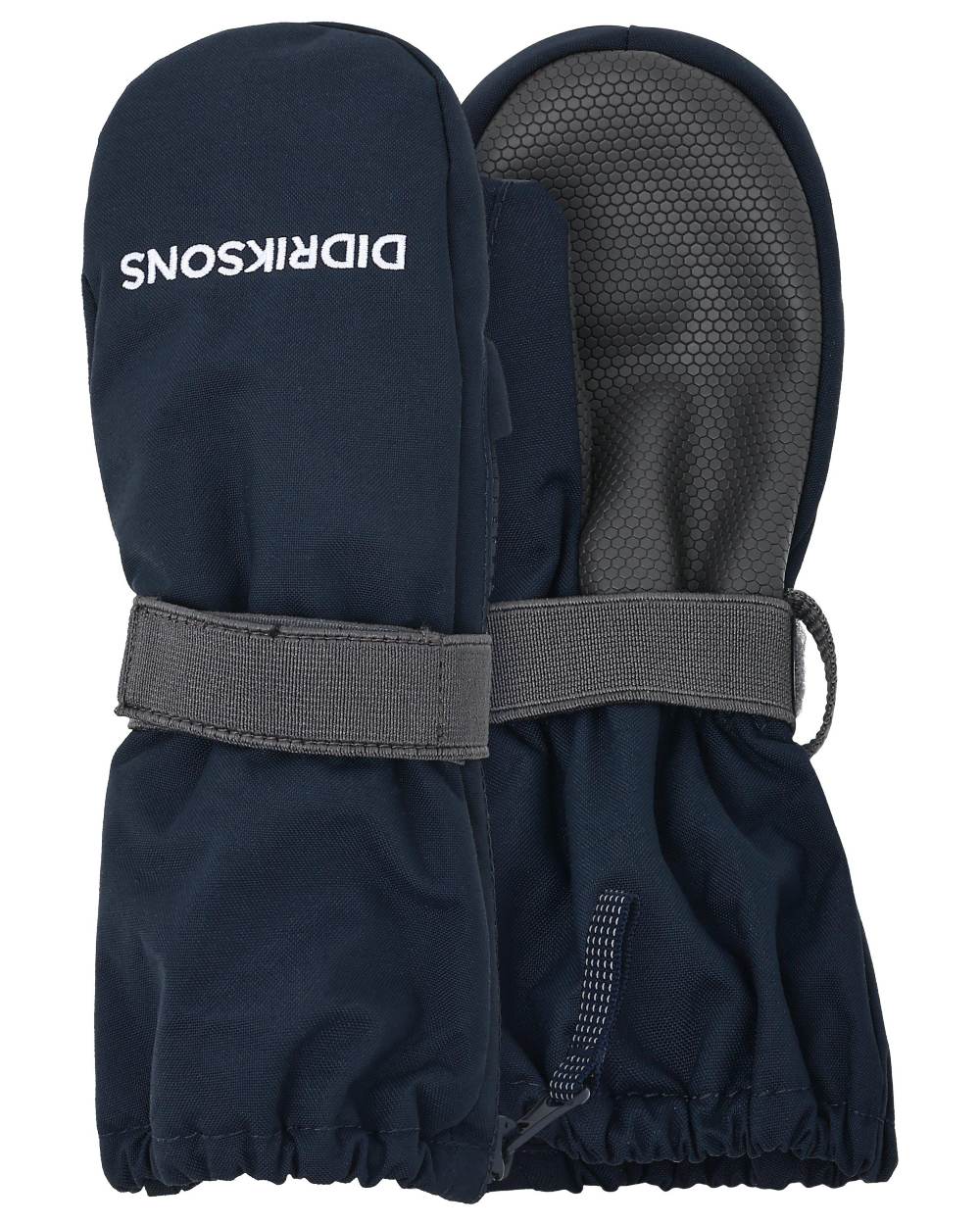Navy coloured Didriksons Kids Biggles Zip Mittens on white background 