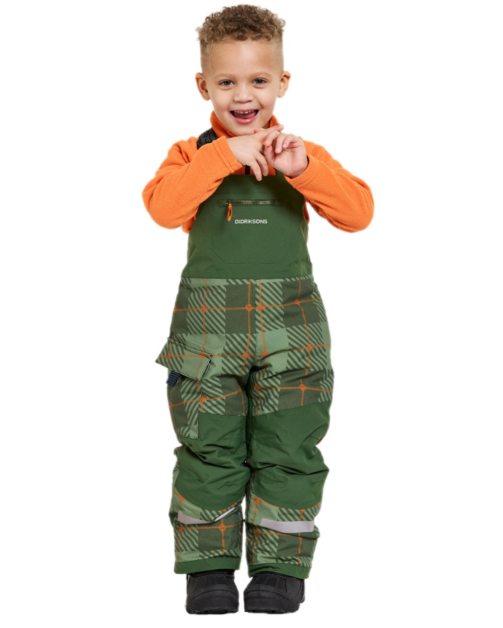 Termos Pine Green Coloured Didriksons Kids Polarbjörn Printed Bib Pants on white background 