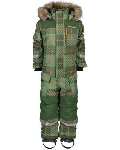 Termos Pine Green Coloured Didriksons Kids Polarbjornen Coverall Printed on white background 