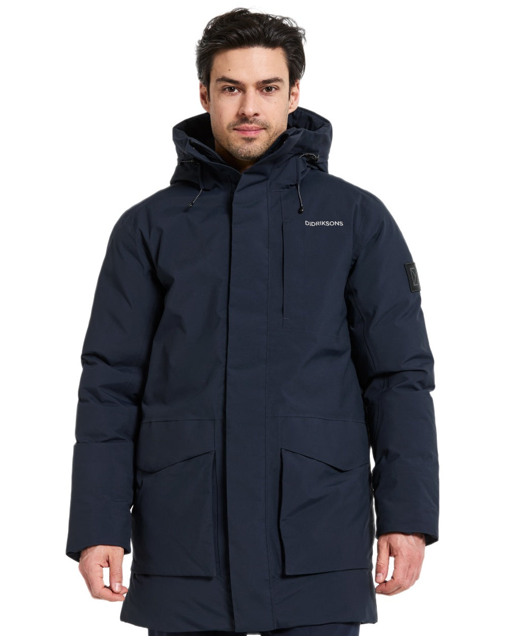 Dark Night Blue coloured Didriksons Mens Akilles Parka II on white background 