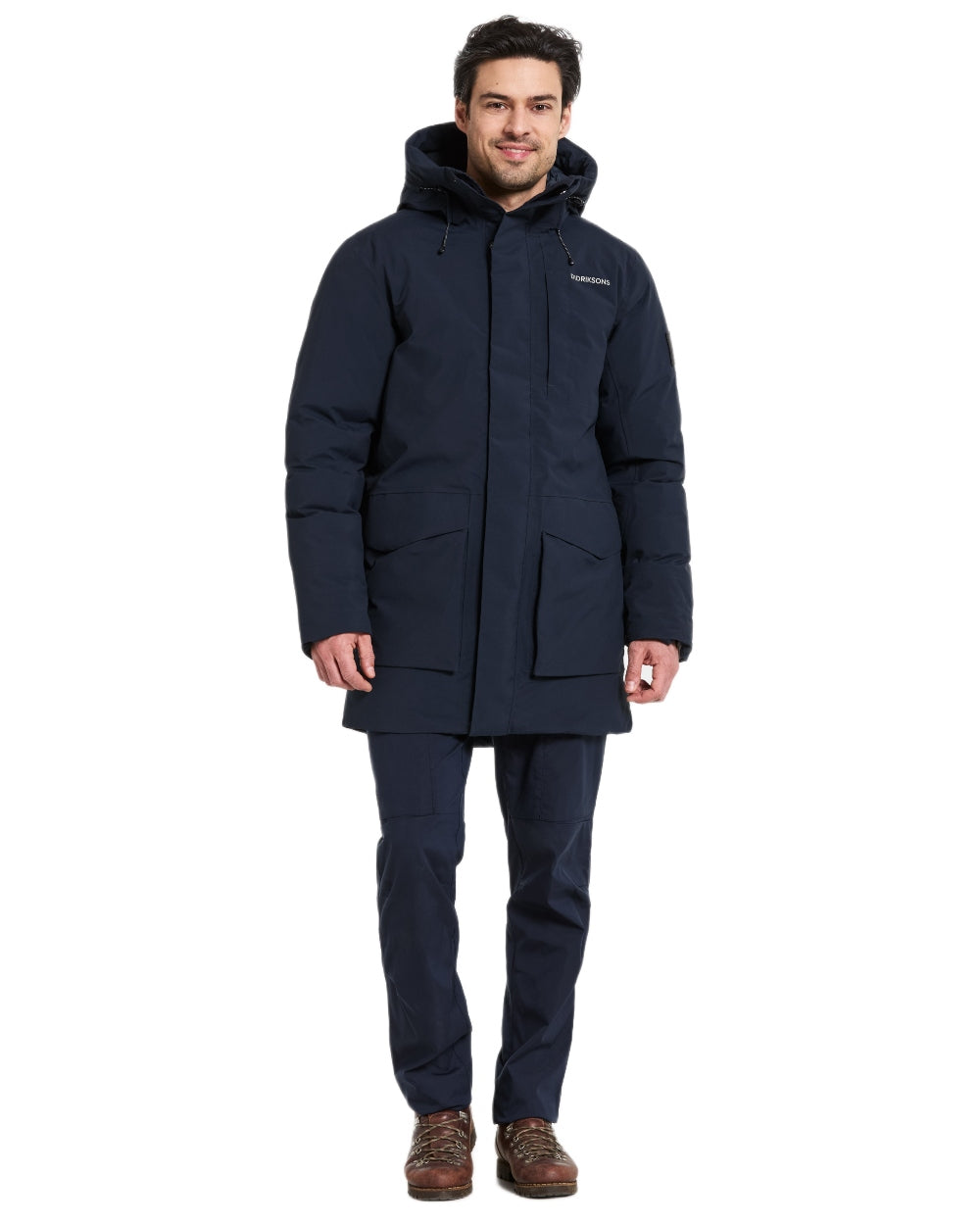 Dark Night Blue coloured Didriksons Mens Akilles Parka II on white background 