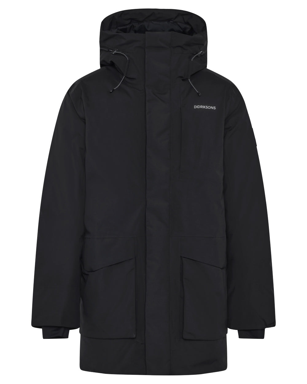 Black coloured Didriksons Mens Akilles Parka II on white background 