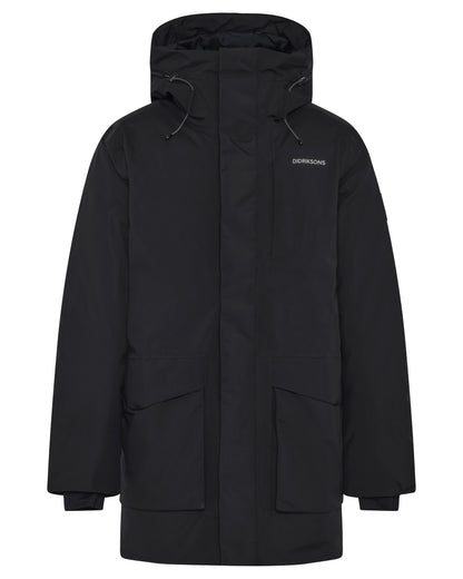 Black coloured Didriksons Mens Akilles Parka II on white background 