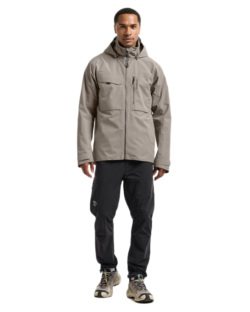 Ash Brown coloured Didriksons Mens Aston Waterproof Jacket on white background 