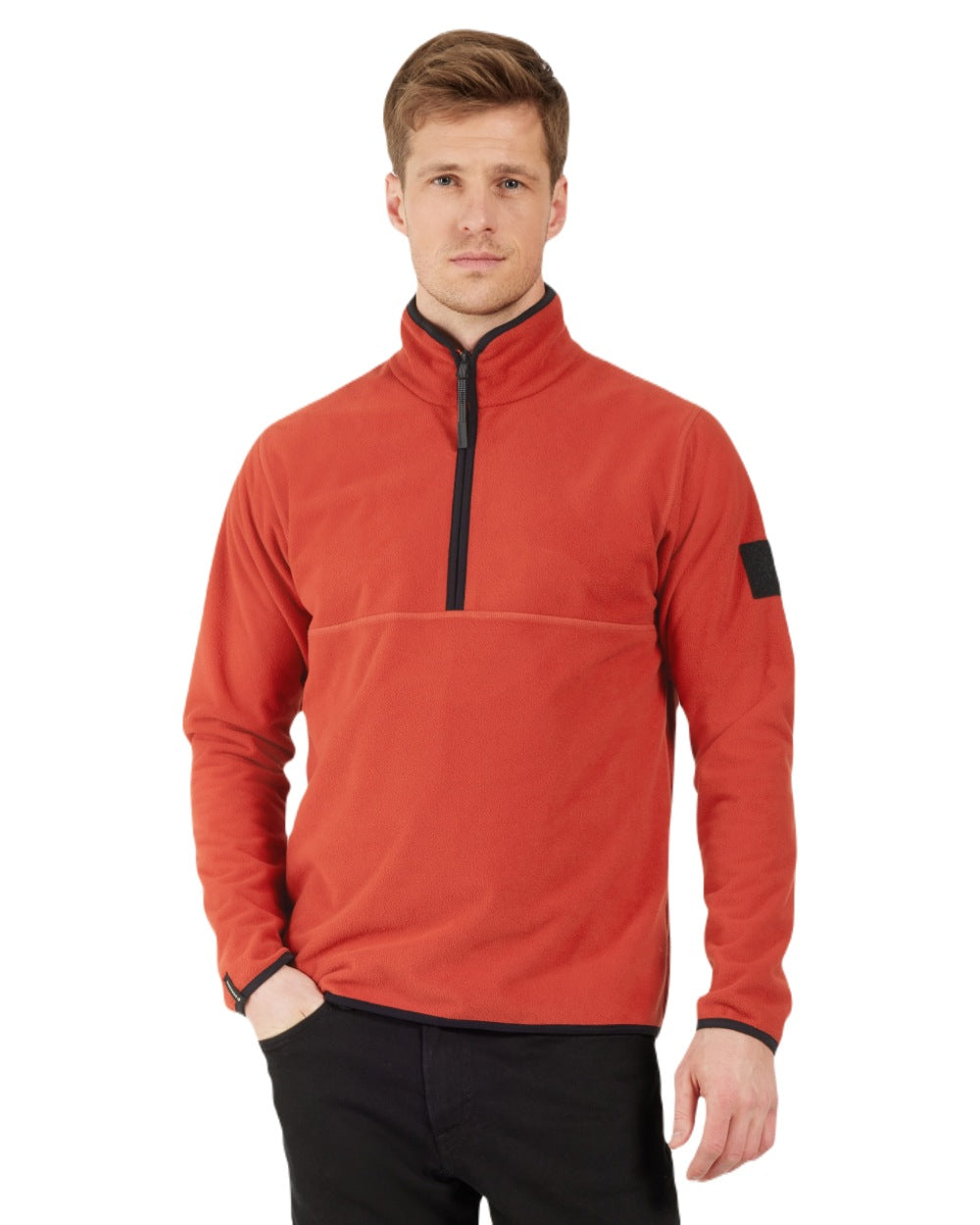 Ochre Red coloured Didriksons Mens Hannes Half Zip Sweater on white background 