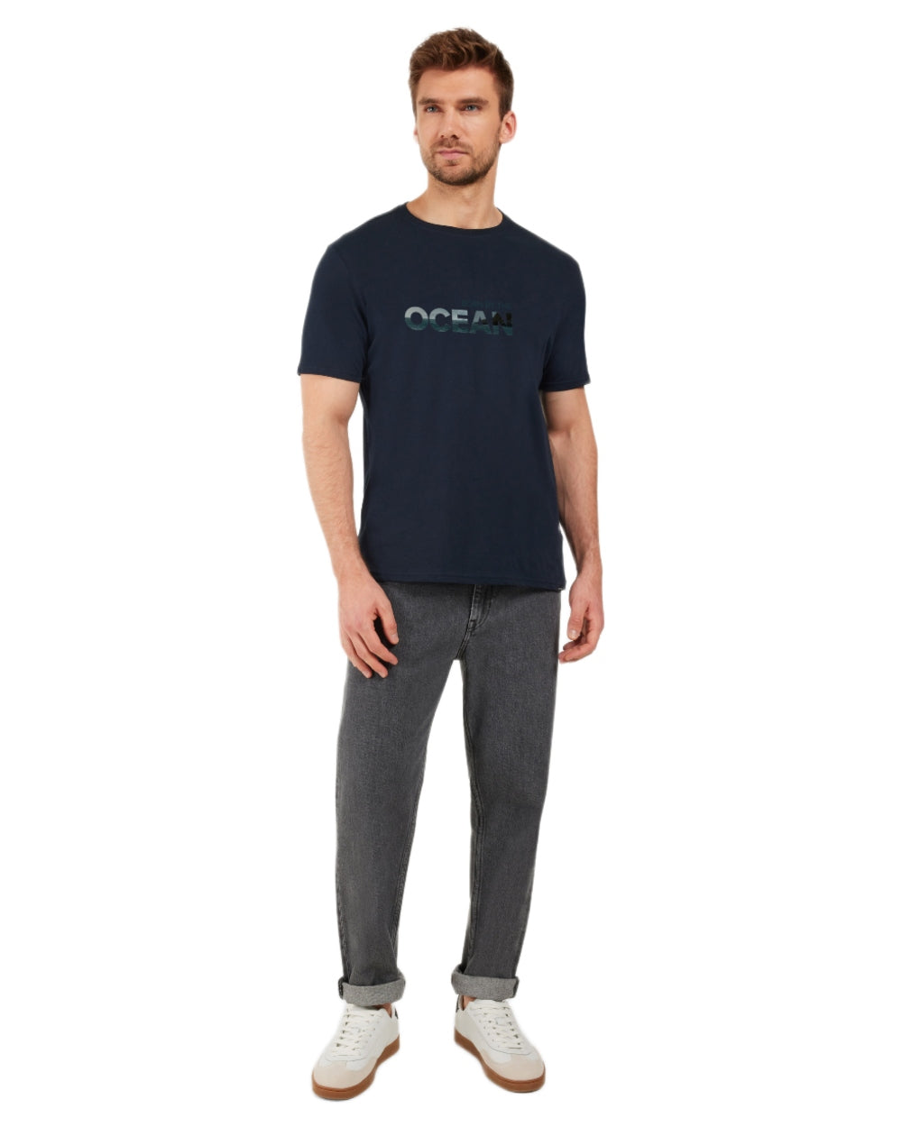 Dark Night Blue coloured Didriksons Mens Harald Ocean T-Shirt on white background 