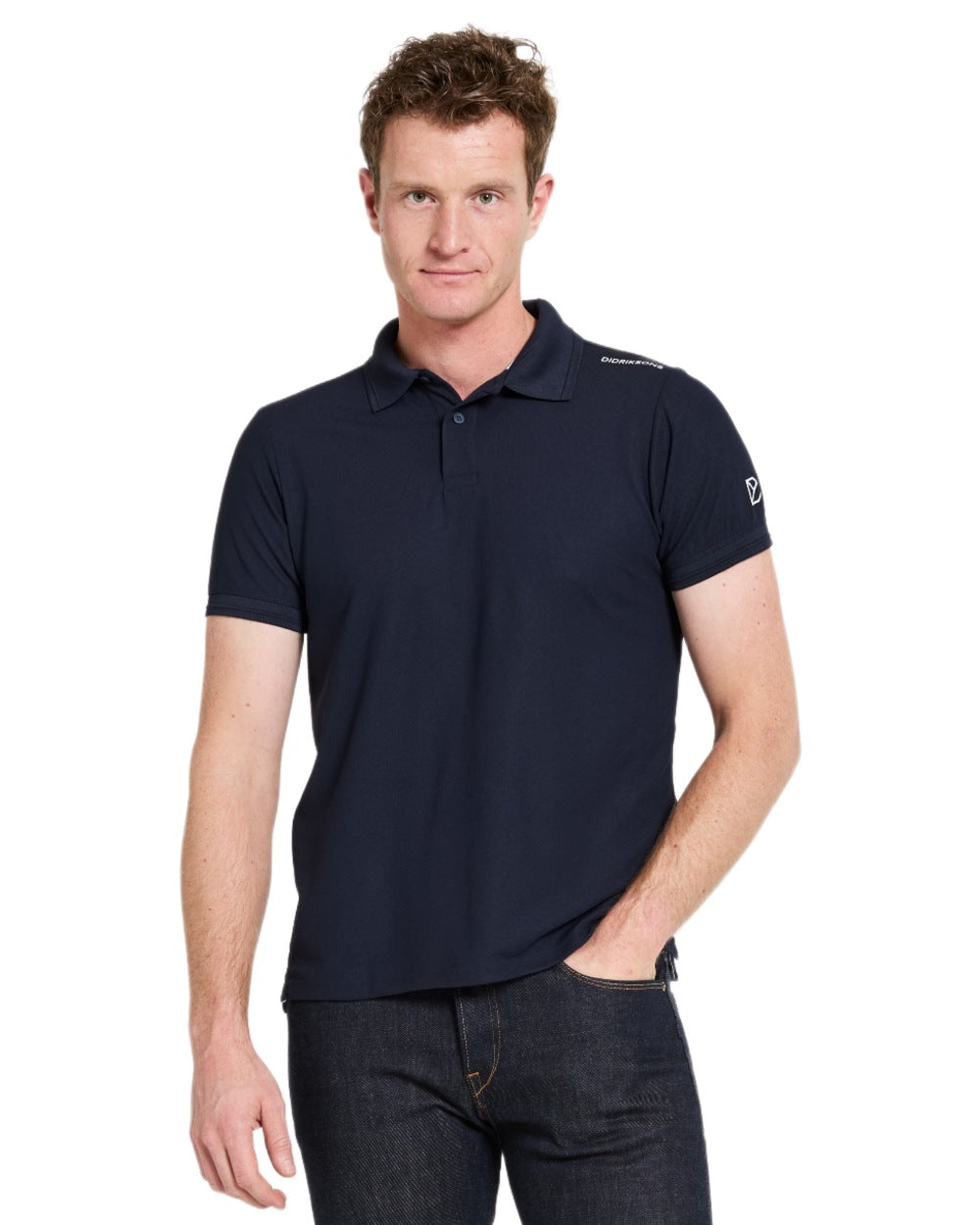 Dark Night Blue coloured Didriksons Mens Jack Polo T-Shirt on white background 