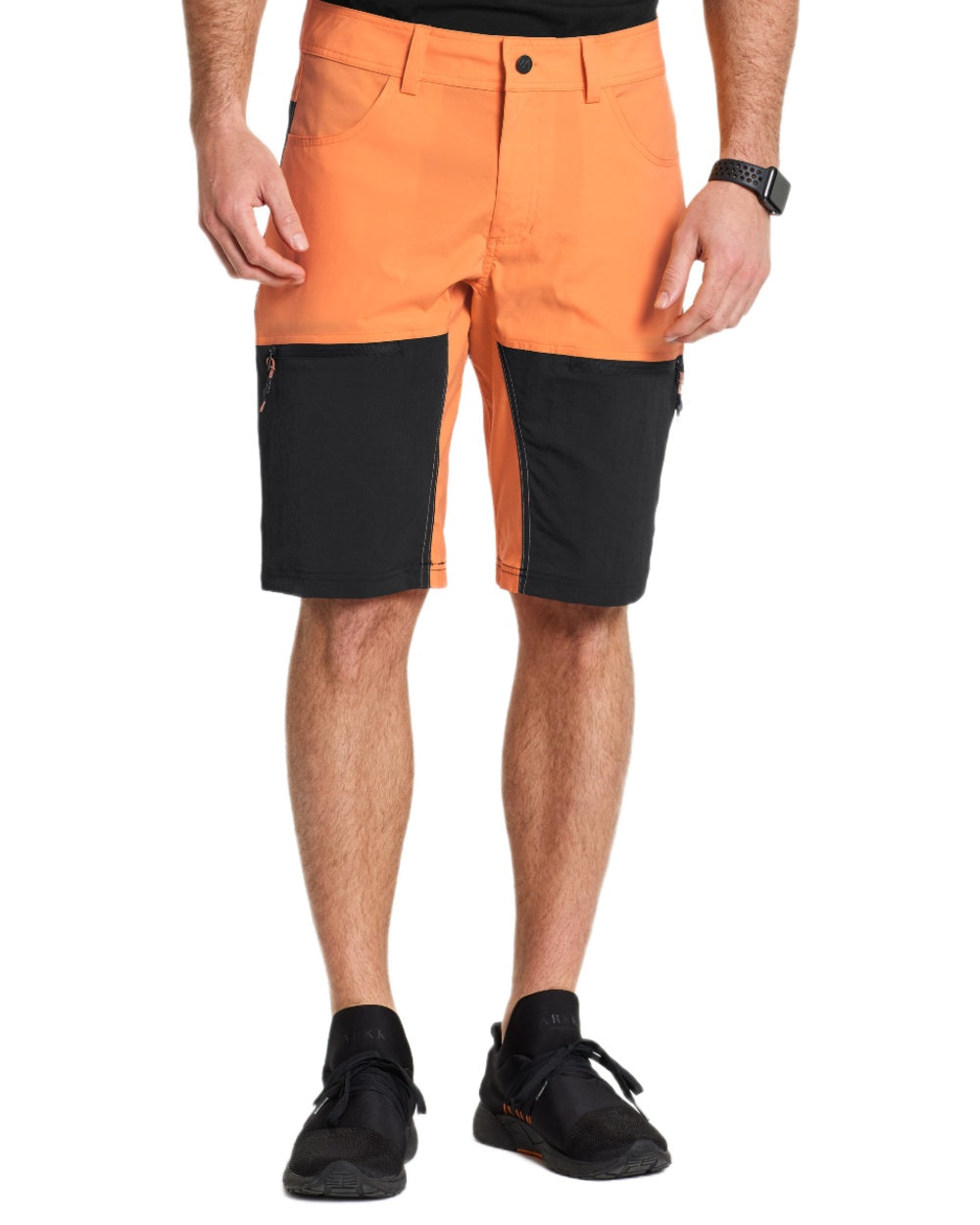Sunset coloured Didriksons Mens Kallax Shorts on white background 