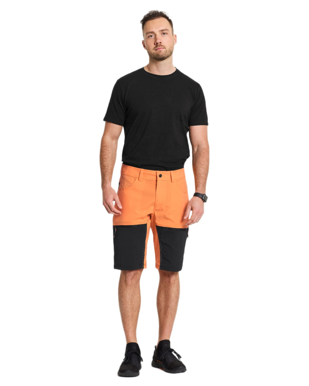 Sunset coloured Didriksons Mens Kallax Shorts on white background 