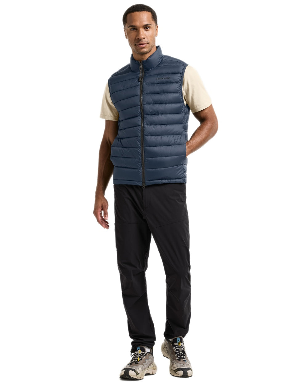 Sleepy Blue coloured Didriksons Mens Marino Vest on white background 